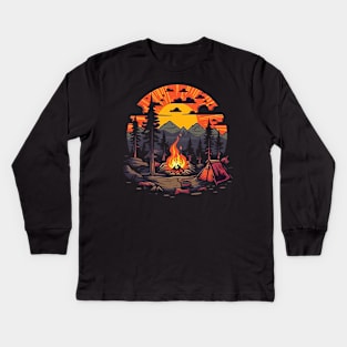 Beautiful Campsite Landscape || Campfire Vector Art Kids Long Sleeve T-Shirt